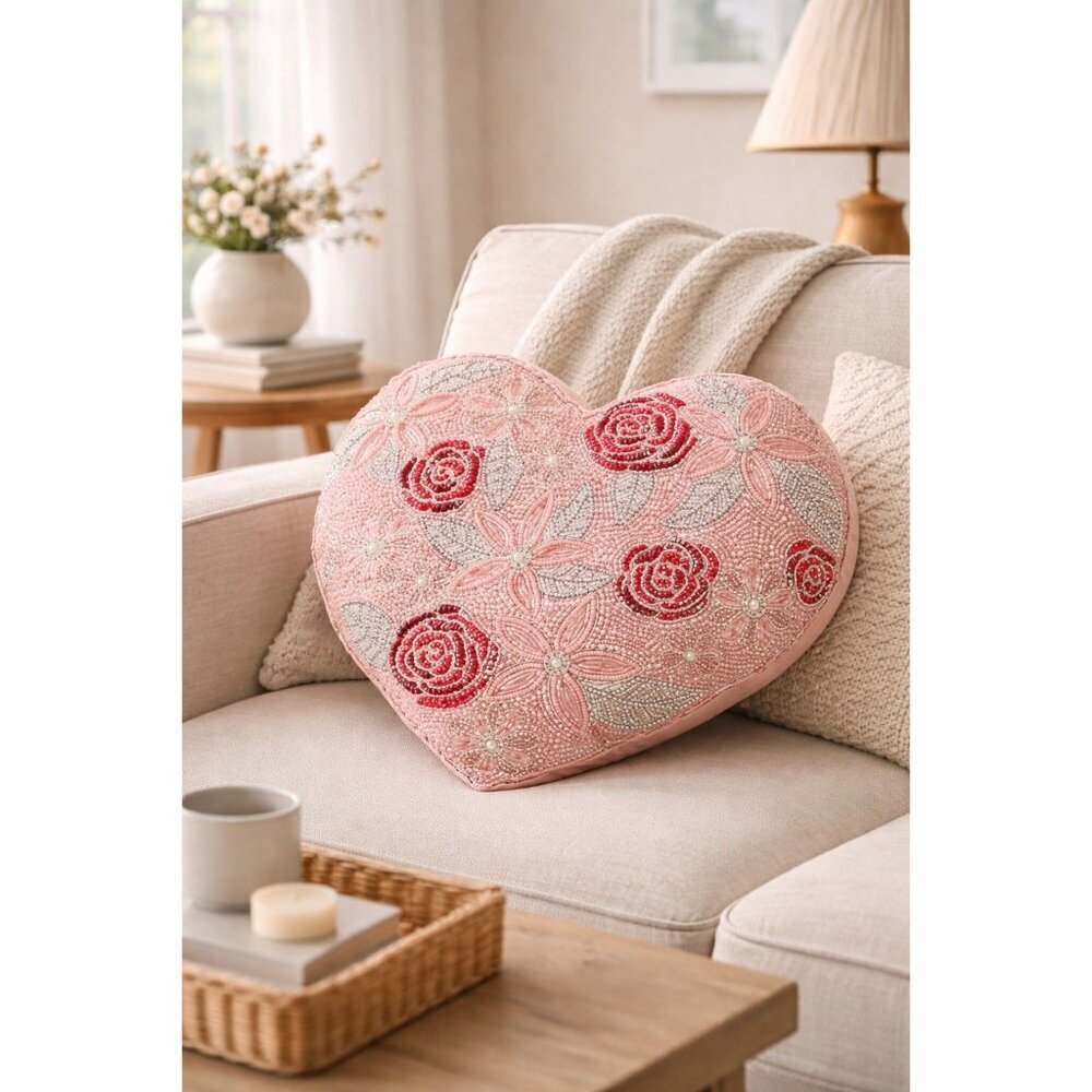New Beaded Valentines Day Heart Flower Love Decorative Holiday Pillow 16"x16"